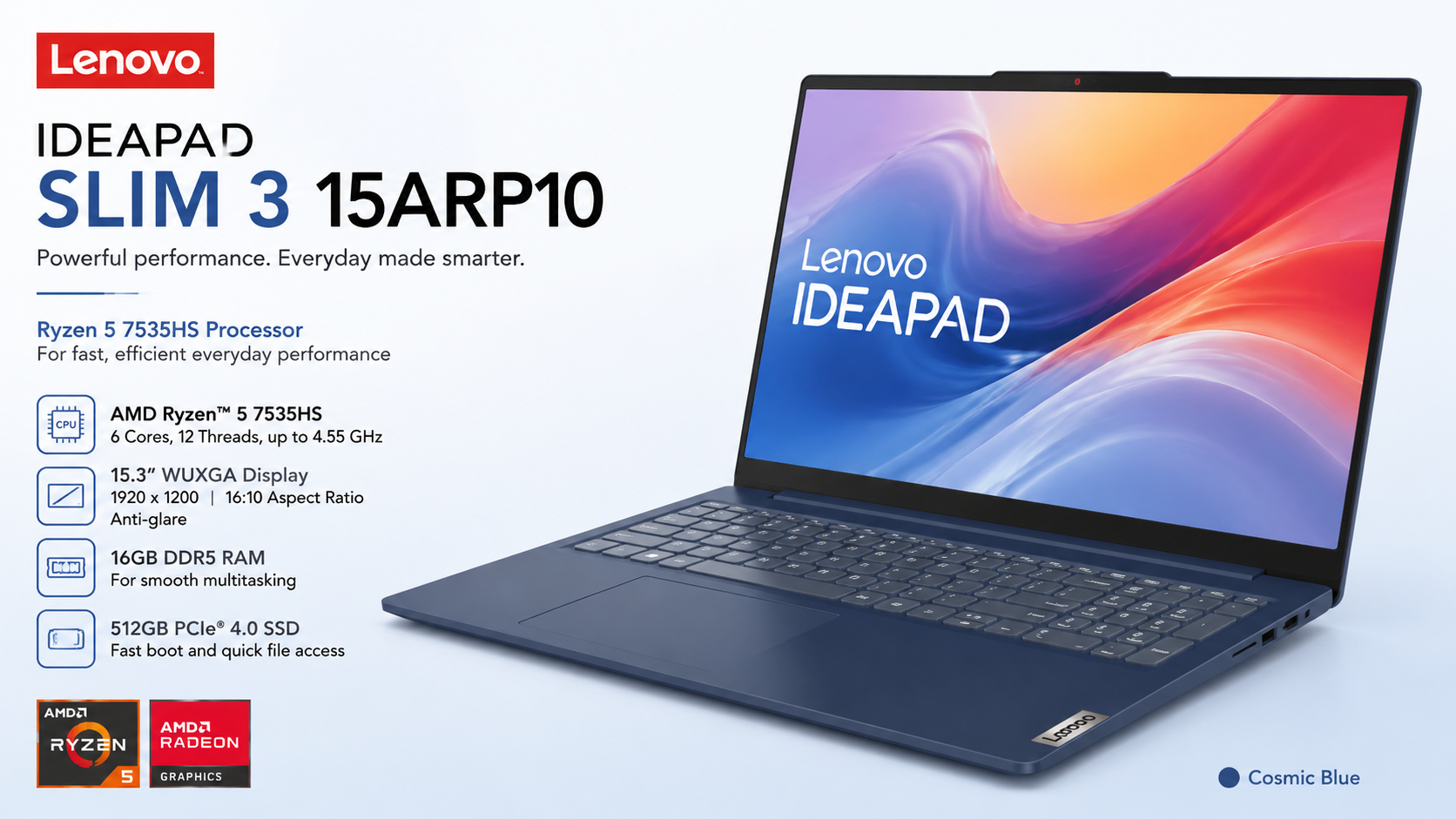 Lenovo IdeaPad Slim 3 15ARP10 Ryzen 5 7535HS 15.3 WUXGA Laptop Cosmic Blue